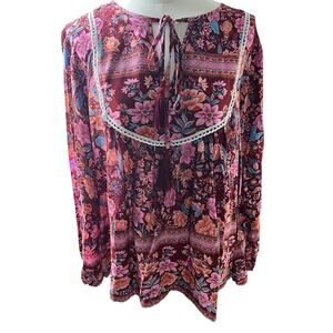 Pretty Garden Boho Cottagecore‎ Blouse Large Pink Floral Tie Neck Peasant Top